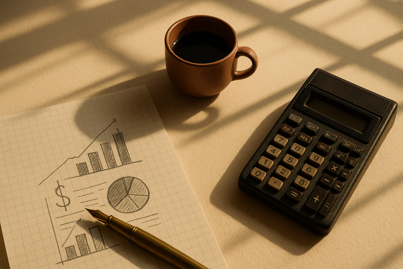An editorial still life on warm cream paper — a hand-drawn financial planning sketch on graph paper, a brass fountain pen, a clay-coloured coffee cup, a vintage calculator, with soft window-light casting architectural shadows.
