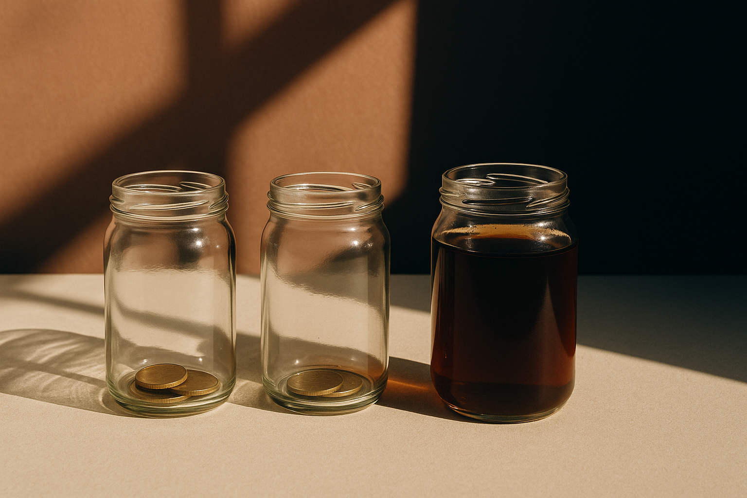 Three glass jars in a row — the left two are nearly empty with only a few brass coins at the bottom, the right one is full of dark amber liquid. A visual metaphor for the uneven accumulation across the three CPF accounts.