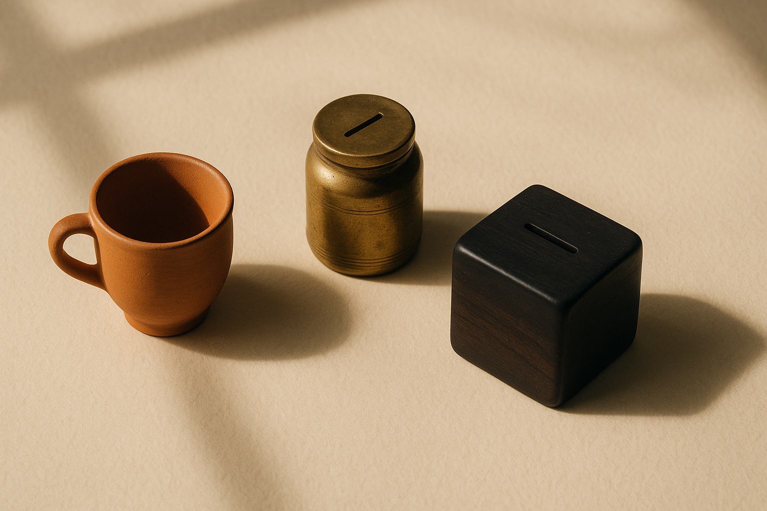 Three small vessels arranged in a loose triangle — a terracotta clay teacup, a brass coin jar, a polished walnut wood box. Each represents a different retirement-planning tool.