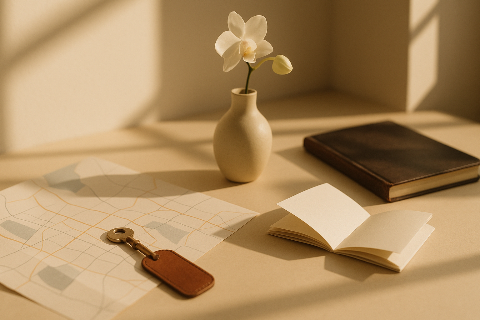 A warm-toned desk still life — an unfolded map (abstracted, no readable place names), a brass key on a leather fob, a white orchid in a ceramic vase, an open booklet. Morning side-light casting long architectural shadows.