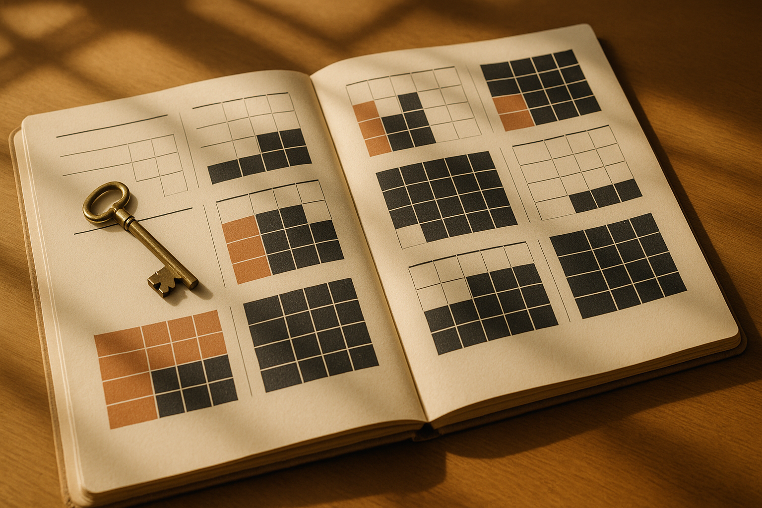An open vintage calendar spread across a warm wooden desk, showing twelve abstract month pages with a brass key resting on the first month — a metaphor for the first-year planning window.