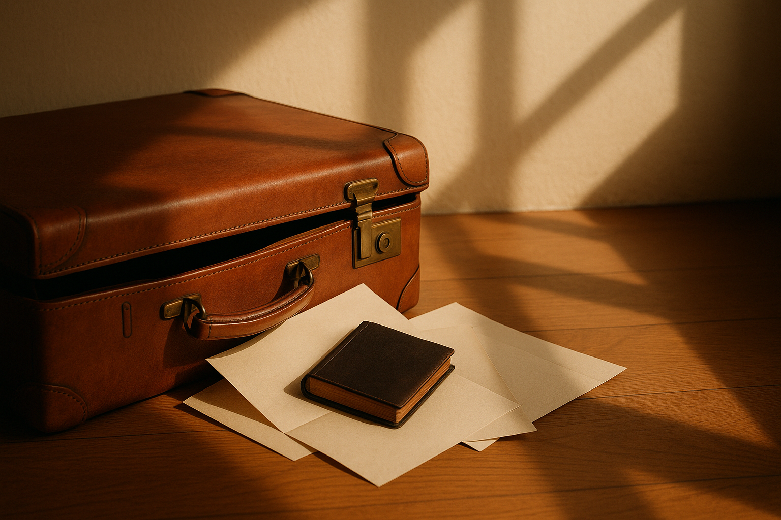 A vintage tan leather suitcase resting partially open on a warm wooden floor, papers and a notebook spilling gently out — a metaphor for the cross-border family obligations a new resident carries.
