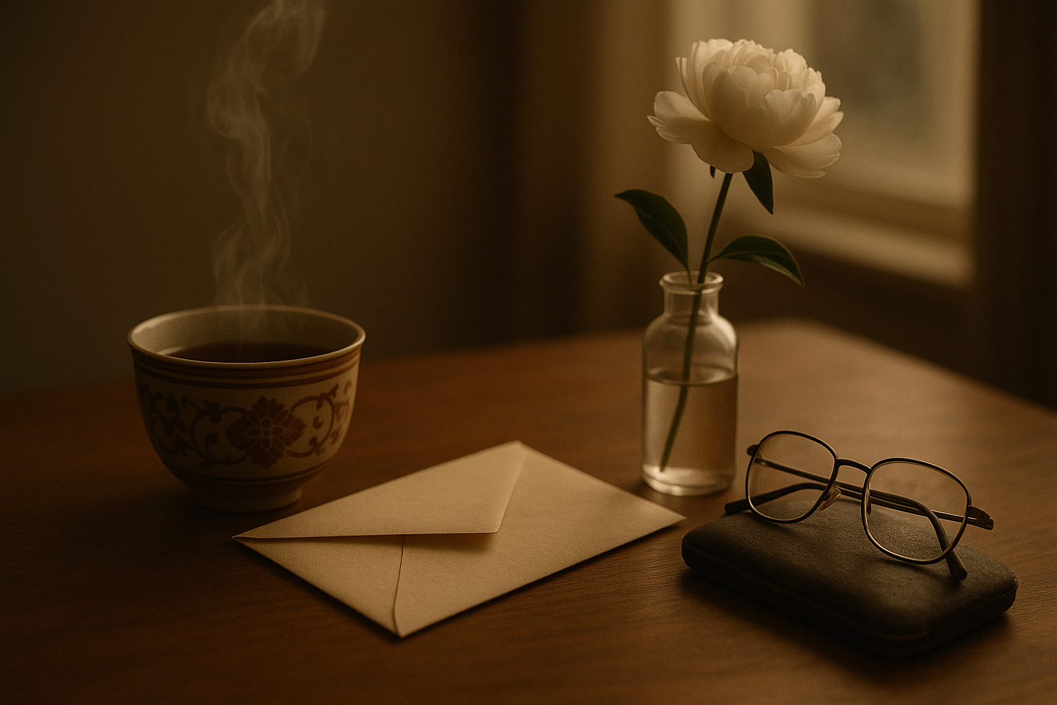 A restrained still life — a ceramic tea cup with steam rising, a sealed plain paper envelope, a single white peony in a glass bottle, folded reading glasses on a leather case. Soft evening window light.