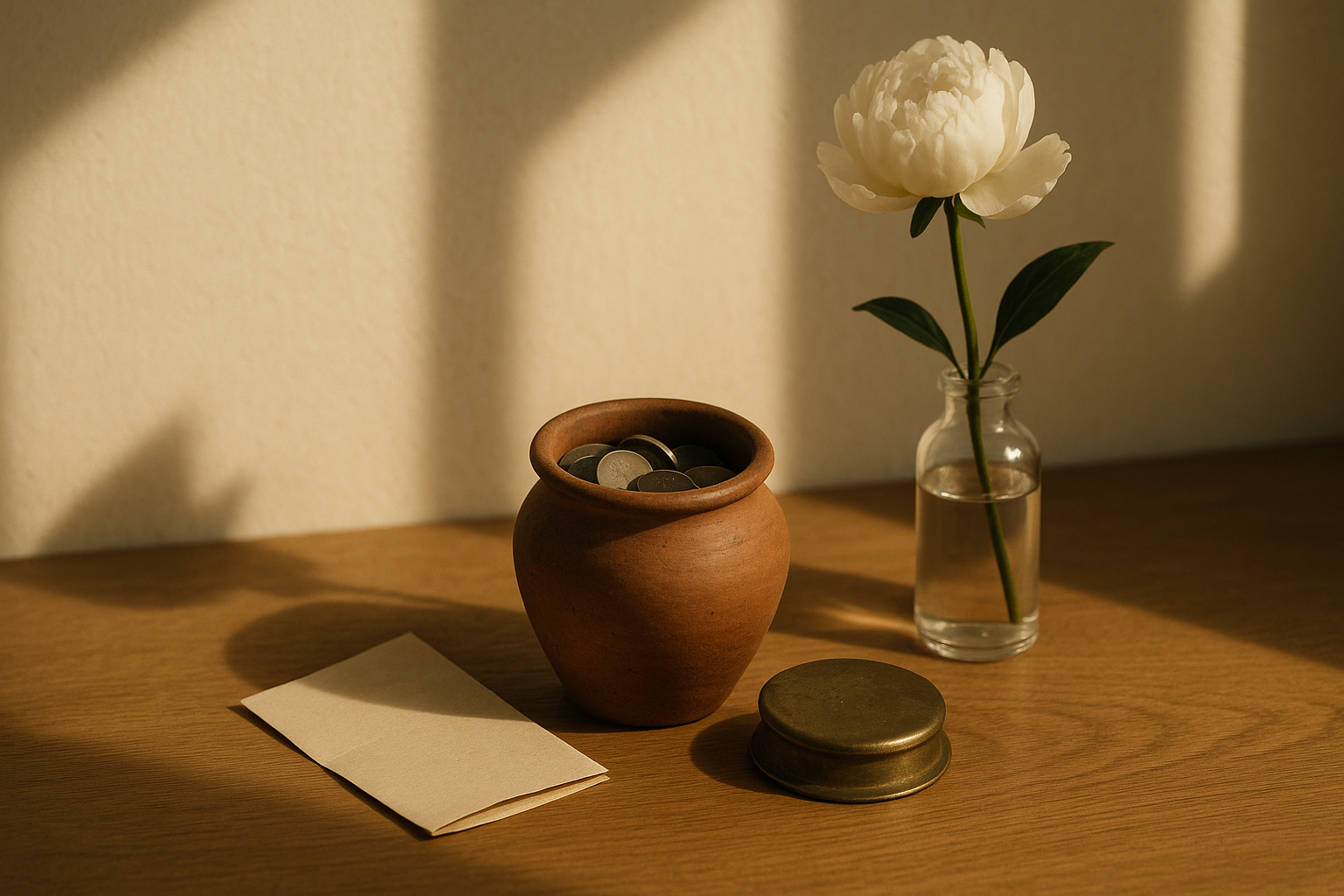 A small terracotta clay jar with a worn brass lid, partially filled with unmarked coins, beside a folded plain paper note and a white peony in a glass bottle — a visual metaphor for an emergency reserve.