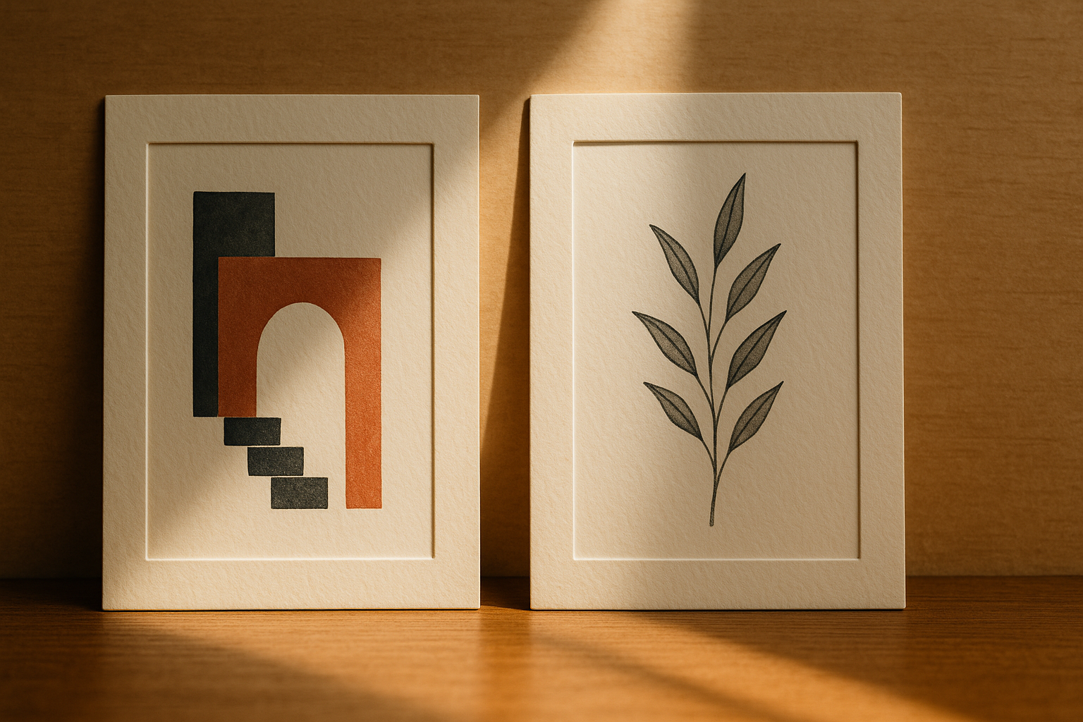 Two paper-cream framed cards side by side on a warm wooden surface — one shows an abstract architectural detail, the other a botanical sketch, with a beam of window light falling between them. A metaphor for two distant places connected.
