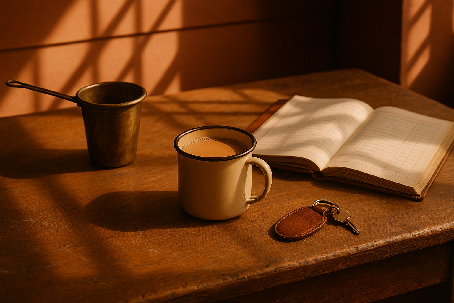 A still life on a wooden kopi tiam counter — an enamel mug of teh, an open leather-bound ledger, a brass house key on a leather fob. Late-morning light casting architectural shadows.
