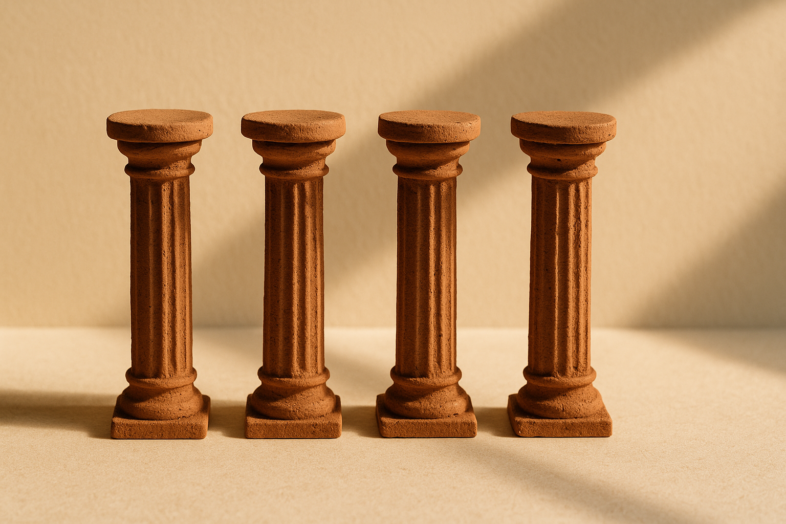 Four small terracotta clay columns of equal height arranged in a row, each casting an architectural shadow. A visual metaphor for the four pillars of a family safety net.