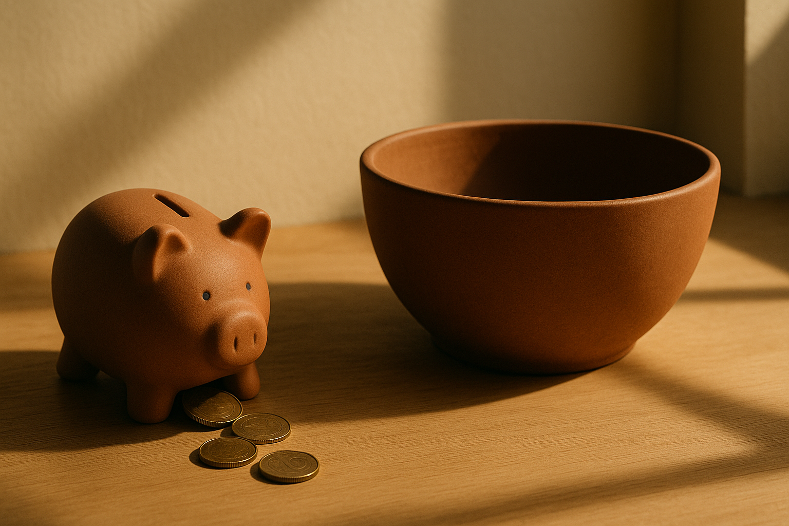 A small ceramic piggy bank tipped on its side on a warm wooden surface, a few brass coins spilling out, next to a much larger empty bowl that demands more. A visual cue that cash savings alone don't fill the gap.
