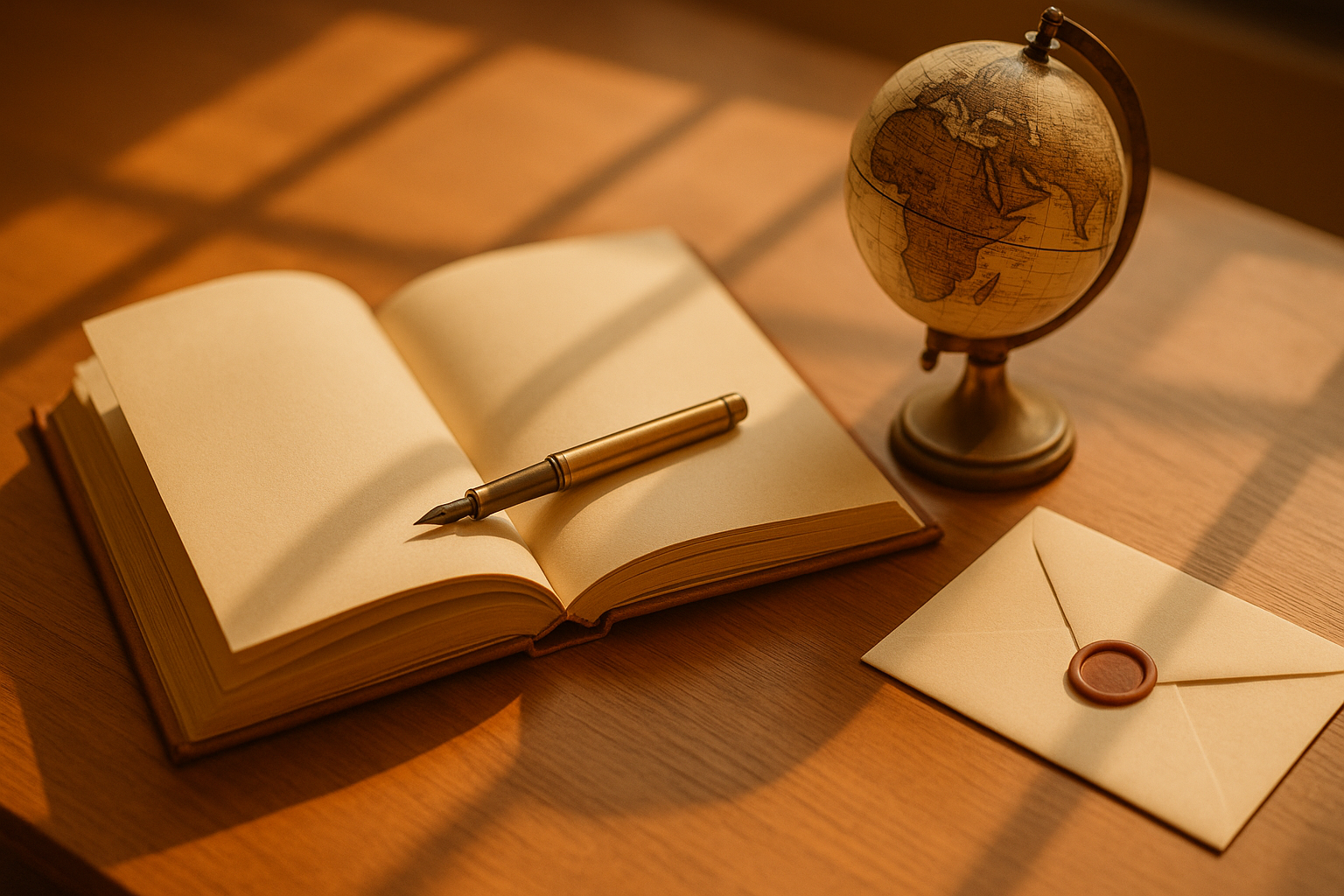 A quiet study still life — an open vintage hardcover book on a warm wooden desk, a brass fountain pen across the spine, a small antique brass globe, an envelope with a plain wax seal, soft golden afternoon light through architectural mullion shadows.