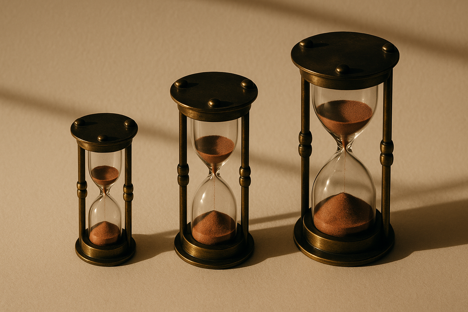 Three antique brass hourglasses of different sizes in a row, each with sand at different levels — a visual metaphor for three planning time horizons.